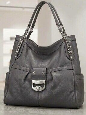 Women's Slate Gray Leather Shoulder/Hobo. Chain-Strap and Silver Lock Detailing